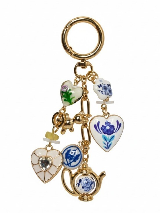 Piper K Accessories - 🤍▪️piper k▪️ UK Gold and White Teapot Glass/Glass Stones Floral Bag Charm